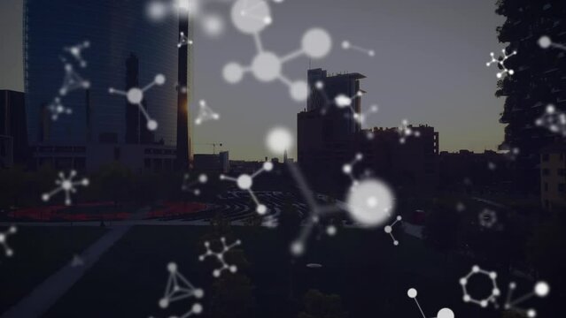 Animation of shapes moving over cityscape
