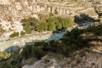 Mountain river in upper Balkaria landscape Russia