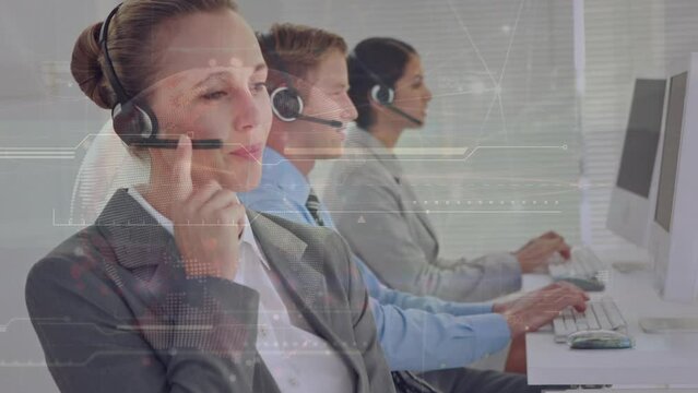 Animation of data processing over diverse business people using phone headsets