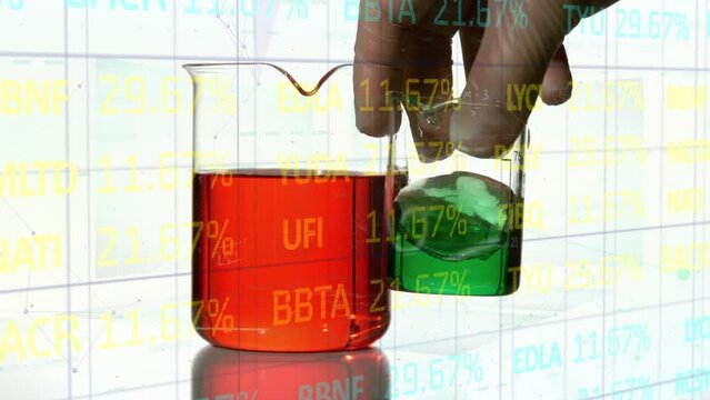 Animation of stock market over beakers with liquid