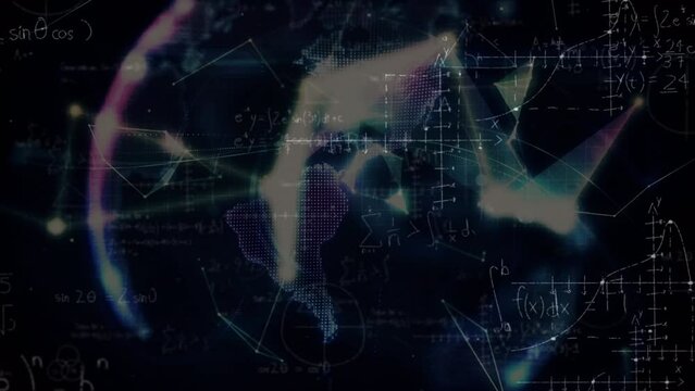 Animation of mathematical equations over globe on black background