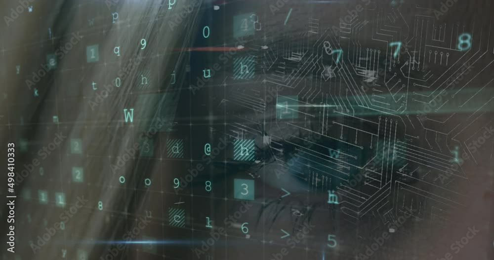 Poster animation of security padlock over data processing on dark background