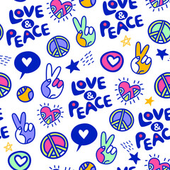  love and peace doodle vector seamless pattern. Design for wallpaper, clothing print, textile