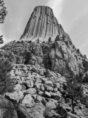 Devils Tower with Rocky Foundation In Bright Day In Northeast Wyoming Grayscale