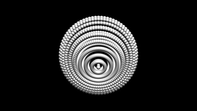 Animation of white particle that are arranged around each other in a circle on black background. Motion of abstract white eye, Video animated background.