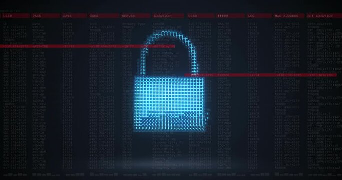 Animation of security padlock over data processing on dark background
