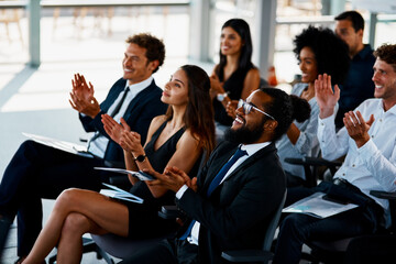 That deserves a round of applause. Cropped shot of a group of young businesspeople applauding during a seminar in the conference room.