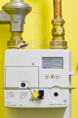 Electric gas meter display panel. Domestic smart meter installed. Concept for energy supplier and price rise.