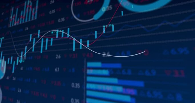 Animation of financial data and graphs over navy background
