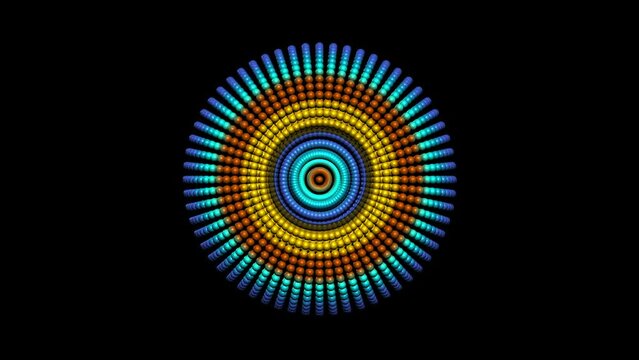 Animation of colorful particle that are arranged around each other in a circle on black background. Motion of abstract colorful firework, Video animated background.