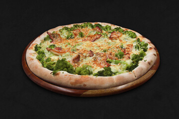 Bacon broccoli pizza isolated on black background with wooden board Bacon broccoli pizza isolated on black background
