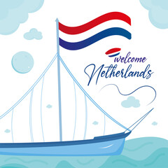 Netherlands travel concept Ship with the flag of Netherlands Vector