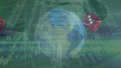 Animation of financial data processing over globe and red dice - Powered by Adobe