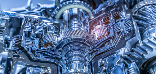 Metallic background of car automotive transmission gearbox