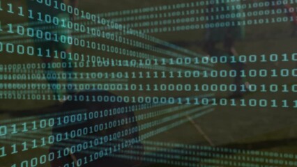 Animation of binary coding over diverse football players on stadium - Powered by Adobe
