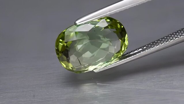 natural gemstone green tourmaline oval cut in the tweezers