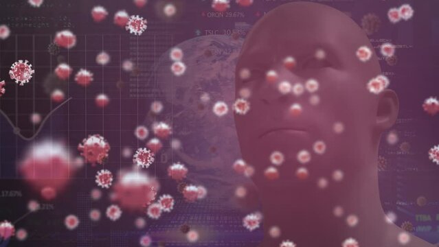 Animation of covid 19 virus cells and digital head over data processing on red background