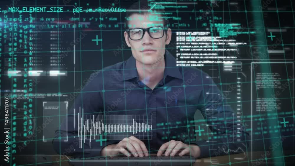 Poster animation of data processing over caucasian businessman using typing on computer keyboard