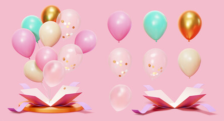 3d party balloon surprise box set - obrazy, fototapety, plakaty