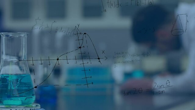 Animation of mathematical formulas over scientist in laboratory