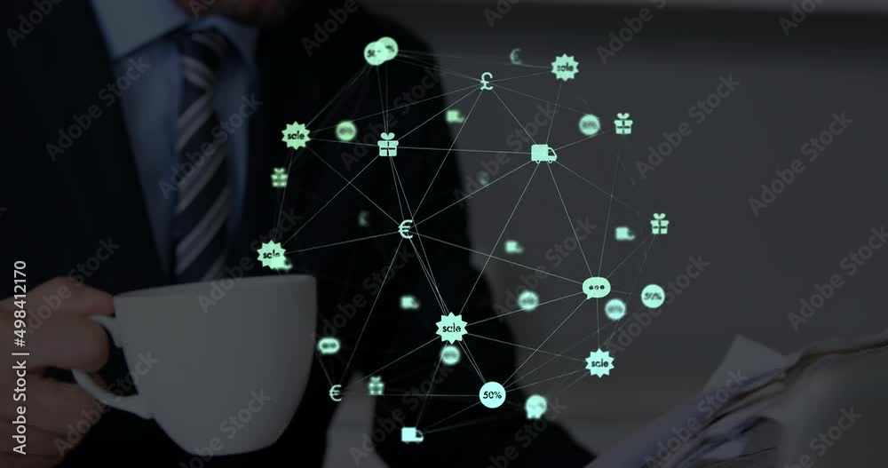 Poster Animation of network of connections with icons over men using smartphone