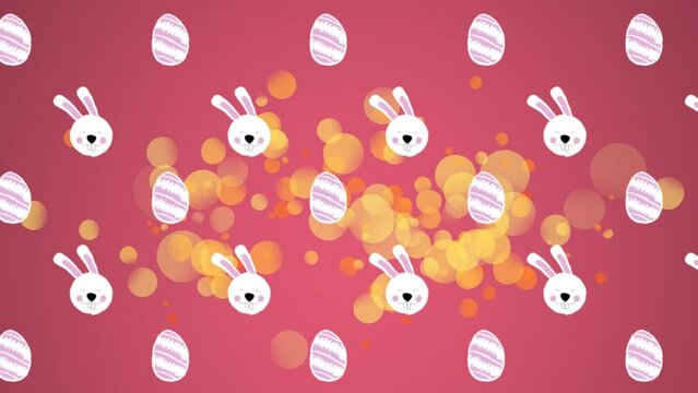 Animation of falling white bunnies and eggs over pink background