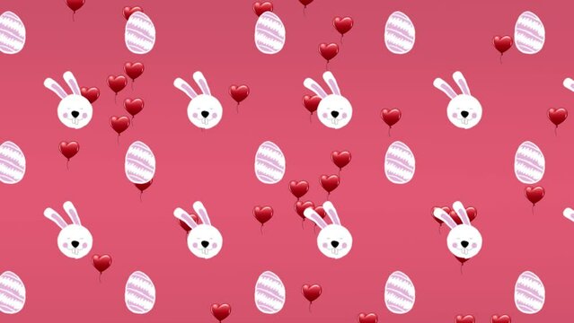 Animation of falling white bunnies and eggs over pink background