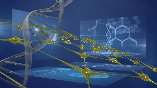Animation of dna strand and data processing on screens over blue background