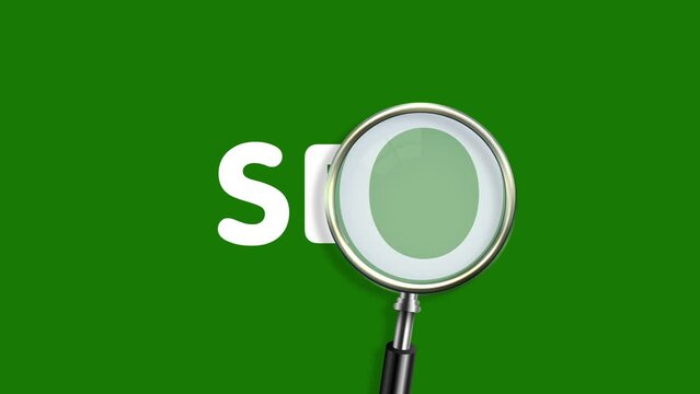 magnifying glass hovering over the word seo motion animation.4K motion animation.green screen.