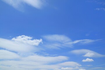 Clear blue sky with white clouds in summer time. Nature background concept.