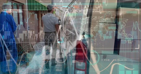 Animation of financial data over caucasian warehouse worker and courier - Powered by Adobe