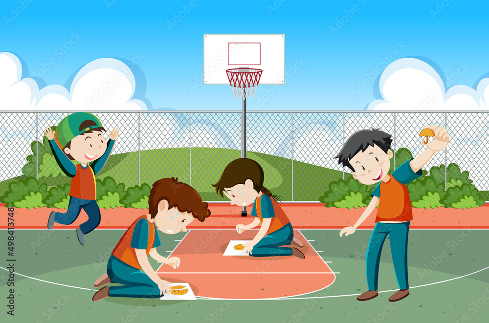Wall mural Children playing scratch dalgona cookie at the park - Wall murals