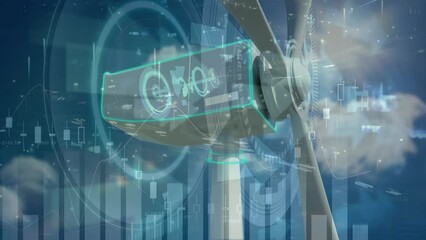 Animation of data and graphs over wind turbine moving over sky with clouds and road traffic - Powered by Adobe