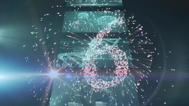 Numbers countdown and fireworks exploding against multiple screens with medical data processing