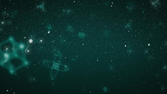Digital animation of white particles and molecular structures against green black background