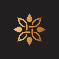 Beauty flower art simple mandala in gold design. Feminine simple flower logo luxury line art style in black background