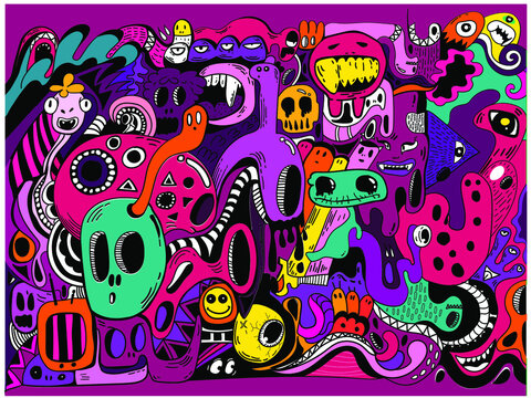 Hand Drawn Vivid Color Pattern Grafiti Draw Doodle Halloween Art Patterns For Textiles Children's Clothing, Background