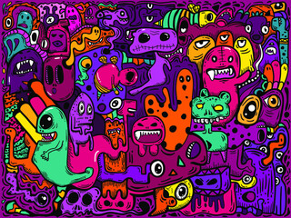 Hand Drawn Vivid Color Pattern Grafiti Draw Doodle Halloween Art Patterns For Textiles Children's Clothing, Background