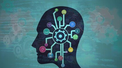 Animation of human head models with gears on green background