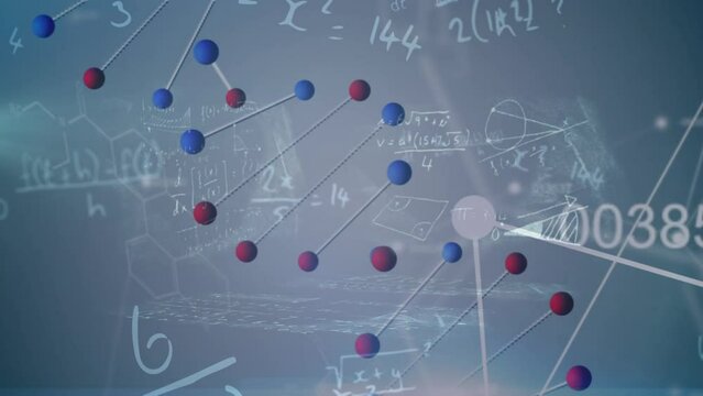 Animation of dna over navy background with diverse math data