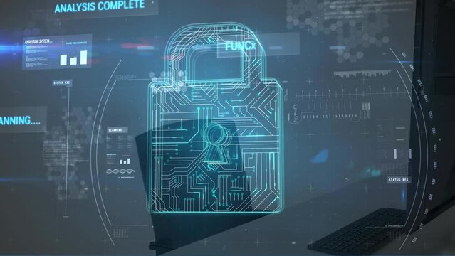 Animation of digital padlock with integrated circuit and data processing over computers in office