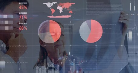 Animation of financial data over senior caucasian female and male doctors - Powered by Adobe