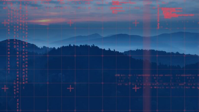 Animation of data processing over landscape at sunset