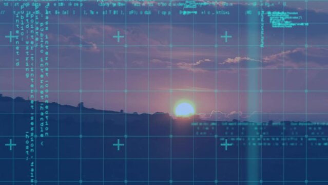 Animation of data processing over landscape at sunset