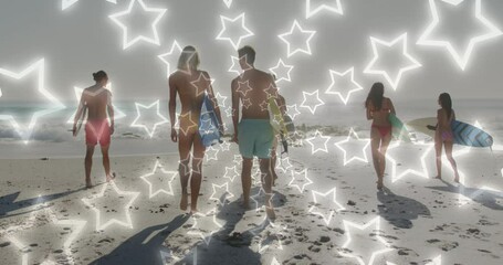 Animation of neon stars over back of diverse friends walking on beach with surfingboards - Powered by Adobe