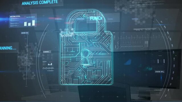 Animation of digital padlock with integrated circuit over computers in office