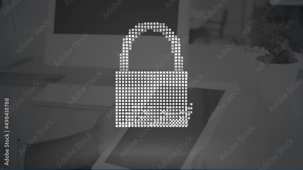 Sticker Animation of digital padlock and cloud over computers in office