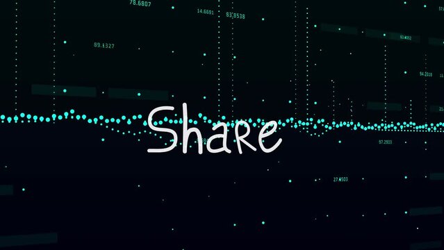 Animation of share text and data processing on black background