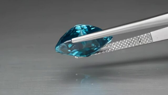 natural blue zircon faceted heart cut in the tweezer in the tweezers