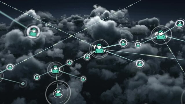 Animation of network of connections with people icons over sky with clouds